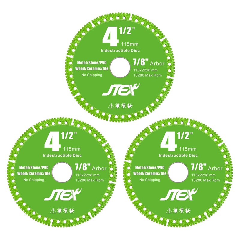 JTEX Indestructible Disc for Angle Grinder with 4-1/2 Inch Diameter, 7/8" Arbor, Multifunctional Diamond Cutting Blade for Metal, Stone, Wood, Tile, Concrete, PVC Pipes(3-Pack) - Image 1